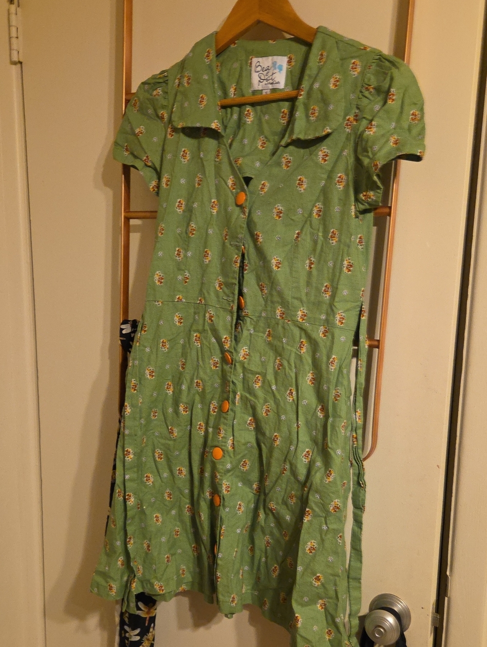Modcloth Bea And Dot Retro Green Floral Button-Front Dress